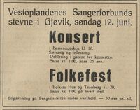 Vestoplandenes Sangerforbund annonserte for sangerstevnet i Gjøvik 10. juni 1938 i avisa Vestopland 12. juni 1938.