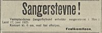 Vestoplandenes Sangerforbund annonserte for sangerstevnet på Hov i Land 17. juni 1923 i avisa Vestopland 14. juni 1923.