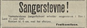 Annonse fra Vestoplandenes Sangerforbund i avisa Vestopland 14.06.1923.jpg