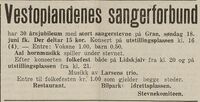 Vestoplandenes Sangerforbund annonserte for sangerstevnet på Gran 18. juni 1939 i avisa Vestopland 17. juni 1939.