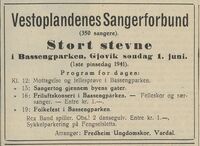 Vestoplandenes Sangerforbund annonserte for sangerstevnet i Bassengparken i Gjøvik 1. juni 1941 i avisa Vestopland 27. mai 1941.
