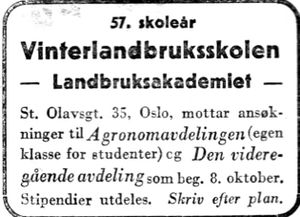 Annonse fra Vinterlandbruksskolen i Nord-Trøndelag og Inntrøndelagen 4.7. 1942.jpg