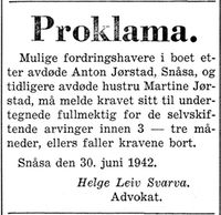 9. Annonse fra advokat Helge Leiv Svarva i Nord-Trøndelag og Inntrøndelagen 4.7. 1942.jpg