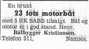 Annonse fra båtbygger Kristiansen i Namdal Arbeiderblad 28.10.1950.jpg