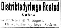 8. Annonse fra dyrlege Rostad i Inntrøndelagen og Trønderbladet 7.7. 1932.jpg
