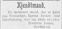 1. Annonse fra firma Brødrene Jensen i Haalogaland 01.05. 1907.jpg
