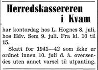 238. Annonse fra herredskassereren i Kvam i Nord-Trøndelag og Inntrøndelagen 4.7. 1942.jpg