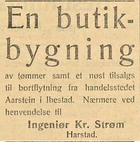 10. Annonse fra ingeniør Kr. Strøm i Folkeviljen 1.10. 1919.jpg