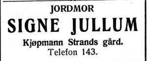 Annonse fra jordmor Signe Jullum i Nord-Trøndelag og Nordenfjeldsk Tidende 17.2.1938.jpg