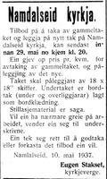 53. Annonse fra kirkevergen i Namdalseid i Inntrøndelagen og Trønderbladet 24.5. 1937.jpg