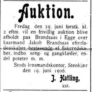 Annonse fra lensmannen i Stod om auksjon i Indtrøndelagen 20.6.1906.jpg