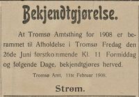 264. Annonse fra stiftsamtmann Strøm i Haalogaland 15.02. 1908.jpg
