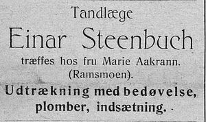 Annonse fra tandlæge Einar Steenbuch i Østerdølen 22.07. 1904.jpg