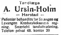1. Annonse fra tannlege A. Ursin-Holm i Folkeviljen 3. mars 1924.JPG