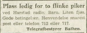 Annonse fra telegrafbestyrer Bathen i Nordlys 10.10.1945.jpg