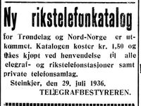 83. Annonse fra telegrafbestyreren i Steinkjer i Inntrøndelagen og Trønderbladet 31.7.1936.jpg