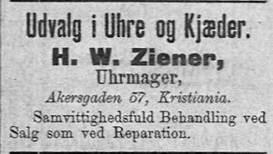 Annonse fra urmaker H. W. Ziener i avisa Banneret 15.8.1892.jpg