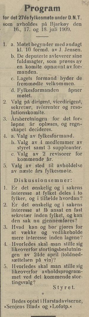 Annonse med program for Tromsø fylke av D.N.T.s 27. kretsmøte i Nordlys 03.07. 1909.jpg