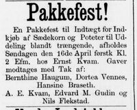 Pakkefest hos Ernst Kvam. Annonse i Indhereds-Posten 08. april 1893.