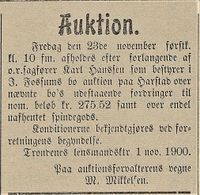 I denne annonsen fra Harstad Tidende 5. november 1900 ser vi at Fossum må ha forlatt Harstad før november 1900.