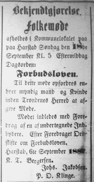 Annonse om avholdsmøte i kommunelokalet i Harstad 18. september i Senjens Tidende17.09.1887.jpg