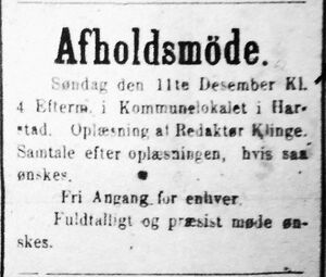 Annonse om avholdsmøte i kommunelokalet i Harstad i Senjens Tidende 10.12.1887.jpg