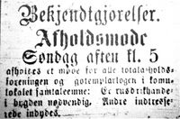 Annonse fra Senjens Tidende 14. mai 1887 om møte søndag aften kl 1700.