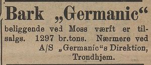 Annonse om barken Germanic i Kysten 7.12. 1905.jpg