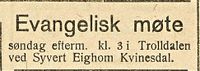 20. Annonse om evangelisk møte i Trolldalen i Flekkefjord-Posten 23.01. 1919.jpg