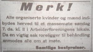 Annonse om fagforeningsmøte i avisa Fremover lørdag 6. juli 1912.jpg