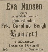 Konsert med Eva Nansen og Caroline Bergh på Hamar i 1895. Annonse i Oplandenes Avis.