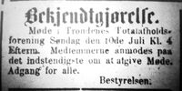 Trondenes Totalafholdsforening ba alle medlemmene møte søndag den 10.juli 1888 kl.4. Senjens Tidende 10. juli 1888.