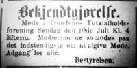 Møte i foreningen 10. juli 1888. Senjens Tidende 8.juni 1888.