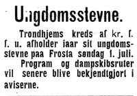 1. Annonse om ungdomssteven på Frosta i Indtrøndelagen 20.6.1906.jpg