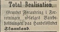 36. Annonse om utsalg fra handelsstedet Skaanland i Tromsø Amtstidende 13.10. 1889.jpg