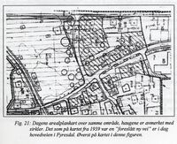Arealplankartet frå 2001 syner plassering av gravhaugane i Øyskogen og nærleiken til bygningar i Folkestadbyen. Fyresdal kommune 2001.