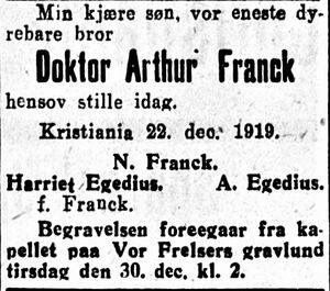 Arthur Franck dødsannonse Aftenposten 1919.JPG