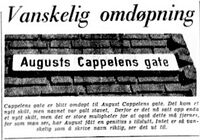 Faksimile fra Aftenposten 8. august 1954; notis om skilt i August Cappelens gate.