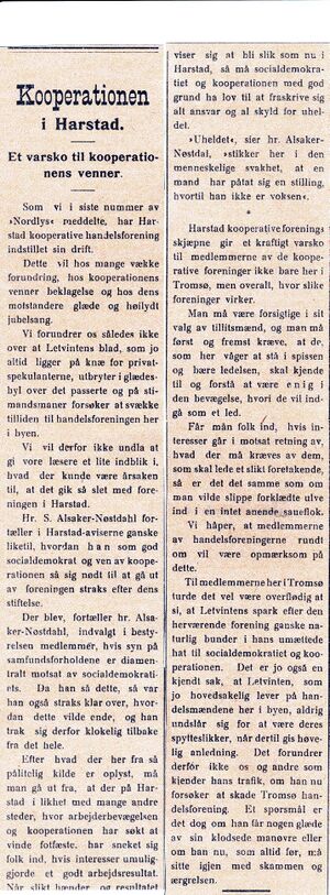 Avisklipp fra Nordlys om Harstad kooperative Handelsforening 16.09. 1908.jpg