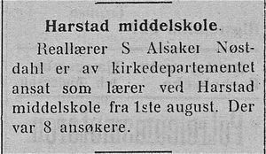 Avisklipp om lærer S. Alsaker Nøstdahl i Nordlys 18.08.1906.jpg