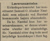 303. Avisklipp om læreransettelse fra Nordlys 06.11.1909.jpg