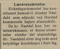 304. Avisklipp om læreransettelse fra Nordlys 06.11.1909.jpg