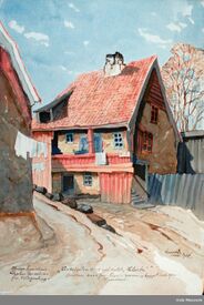 «Madam Figenschous / Logihus for artister / fra Klingenberg. / Vinkelgaten No 18, også kalt 'Helvete'», akvarell av Vinkelgaten 18. Foto: Oslo Museum (1924).