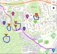 Bakås: Utsnitt av Kulturminnekart, Gamle Strømsveis trasé markert med lilla.