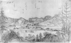 Tegning av området som ble handelsstedet Valle, sett fra Vågøy. Gården Valle til venstre. Tegning av John William Edy(1800)