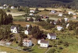 Hus på Skjelsbekkjordet ved Vestfossen. Helt i forgrunnen ser vi den gamle Kongeveien fra 1620-tallet.