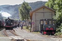 Stasjonsmiljø med damplokomotiv og trevogner på Garnes. Foto: Leif-Harald Ruud (2003).
