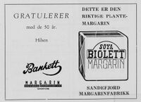 Annonse for Biolett soyamargarin fra Sandefjord Margarinfabrikk i Vestfold Fremtid 20. november 1964.