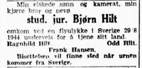 Dødsannonse, Bjørn Hilt. Faksimile fra Aftenposten 5. juli 1945.