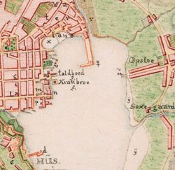 På dette kartet fra 1784, tegna av P. Stockfleth, er fiskemarkedet der Børshagen ligger merka av med bokstaven m.